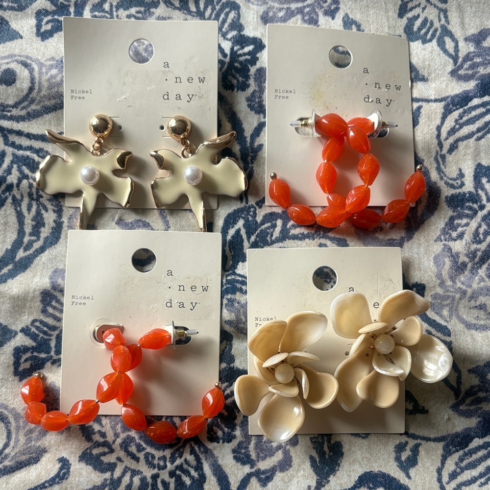 a new day Orange Beaded Hoops & Cream Floral Earrings Set pierced New
